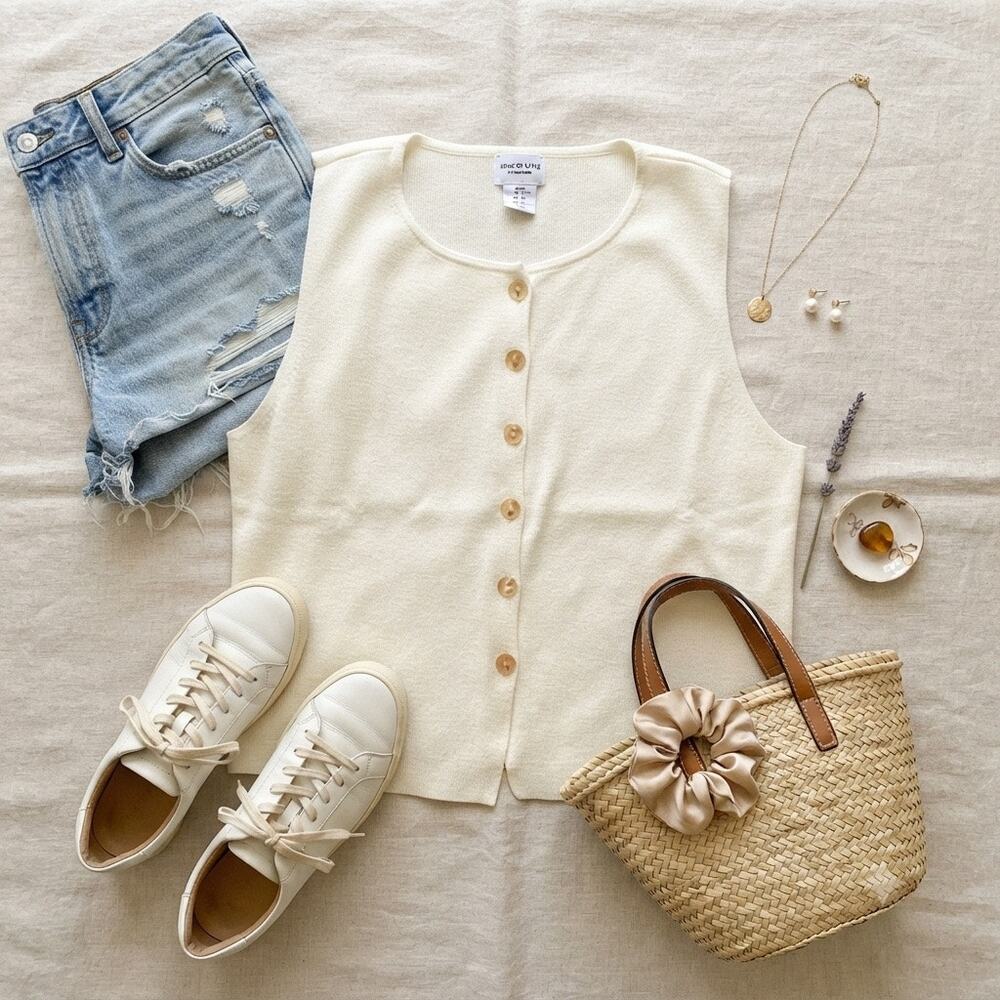 Song of Style by Aimee Song Cream Button-Down Sleeveless Knit Vest - Women's XL